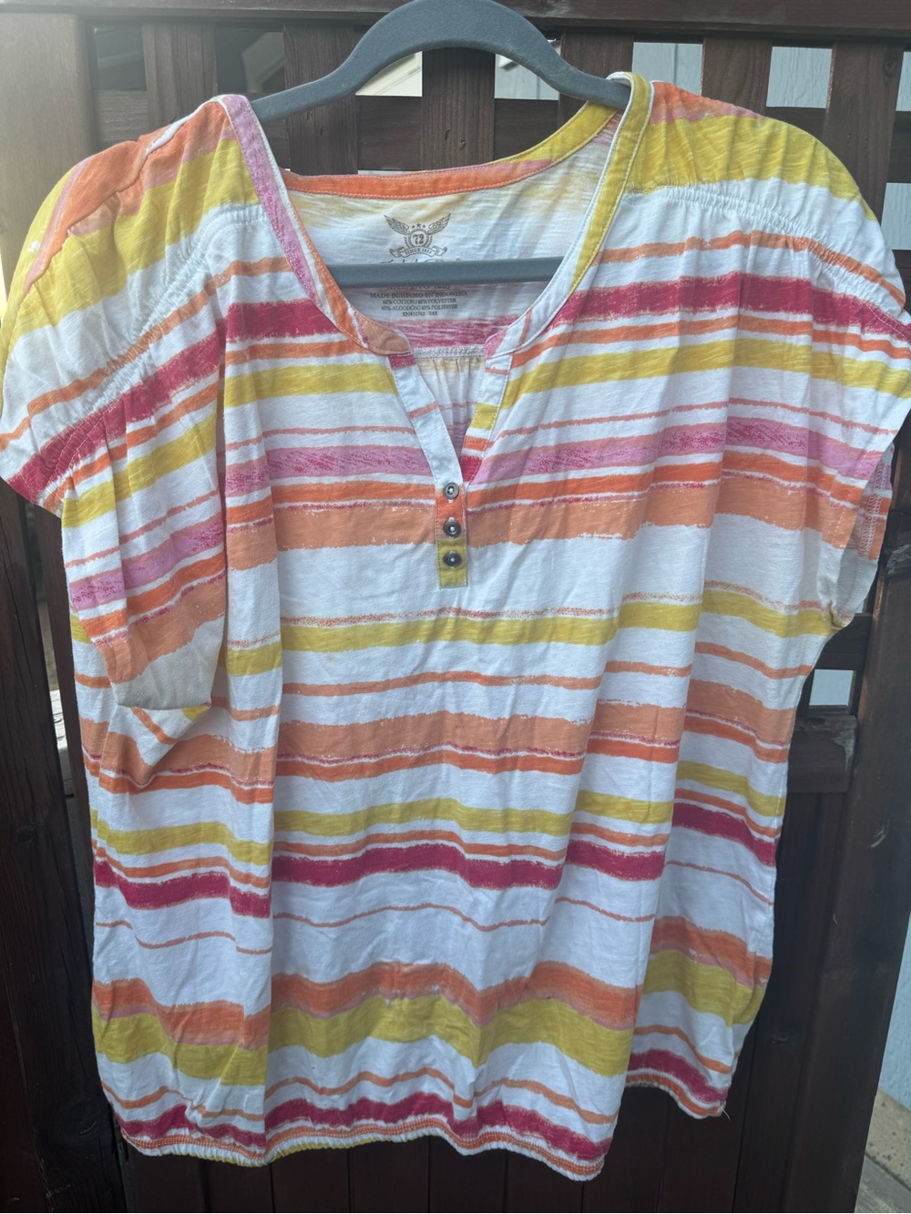 Faded Glory Striped Henley Tunic in Yellow, Orange & Pink